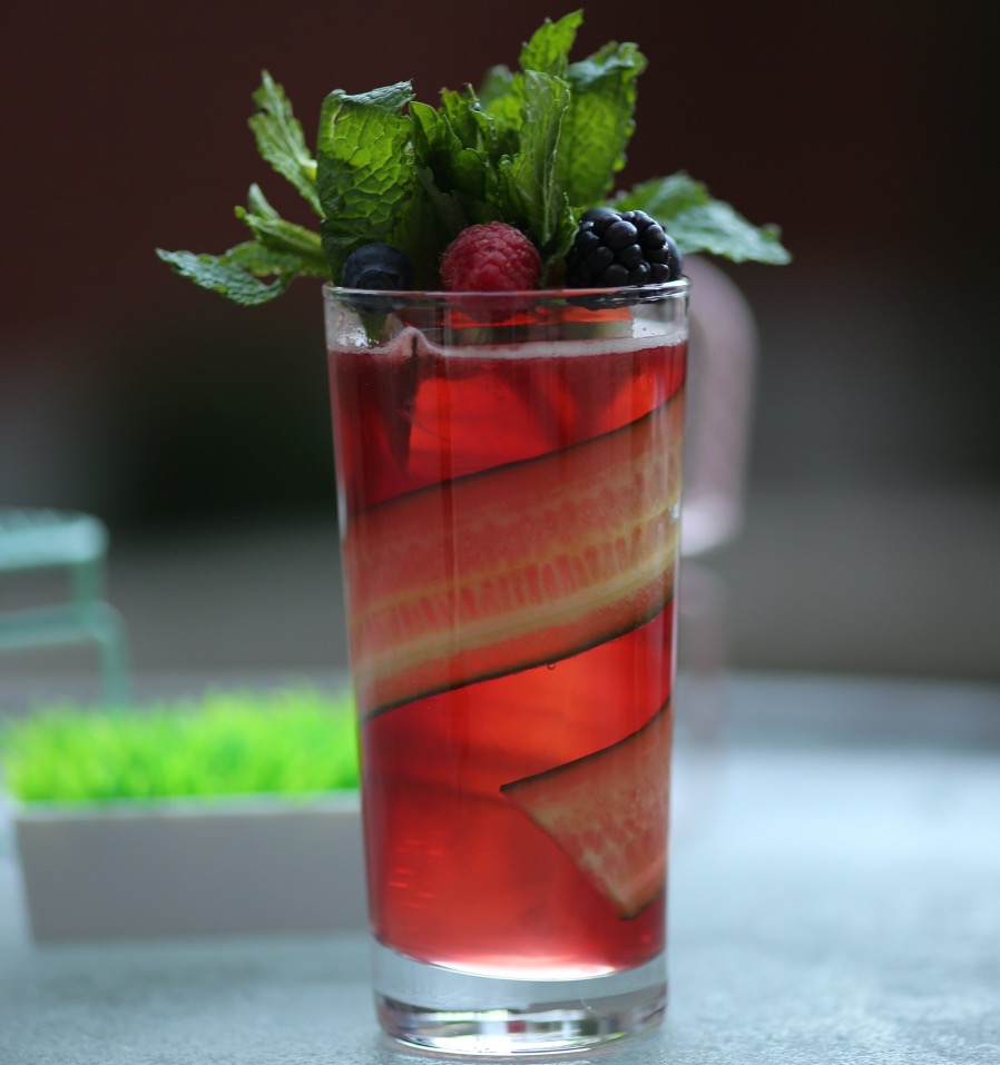 An example of the Cayuga Cup, the mixed drink (cocktail) featuring ginger ale or lemon soda or orange soda or lemon-lime soda, and Averell Damson Plum Gin Liqueur; photo by Lauren Clark