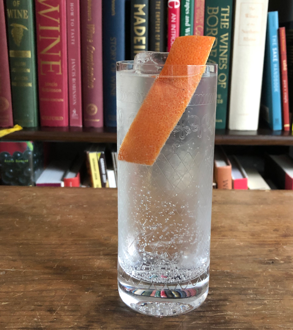 An example of the Bark and Bite, the mixed drink (cocktail) featuring tonic water, Batavia Arrack van Oosten, and Dolin Génépy le Chamois Liqueur; photo by Lee Edwards