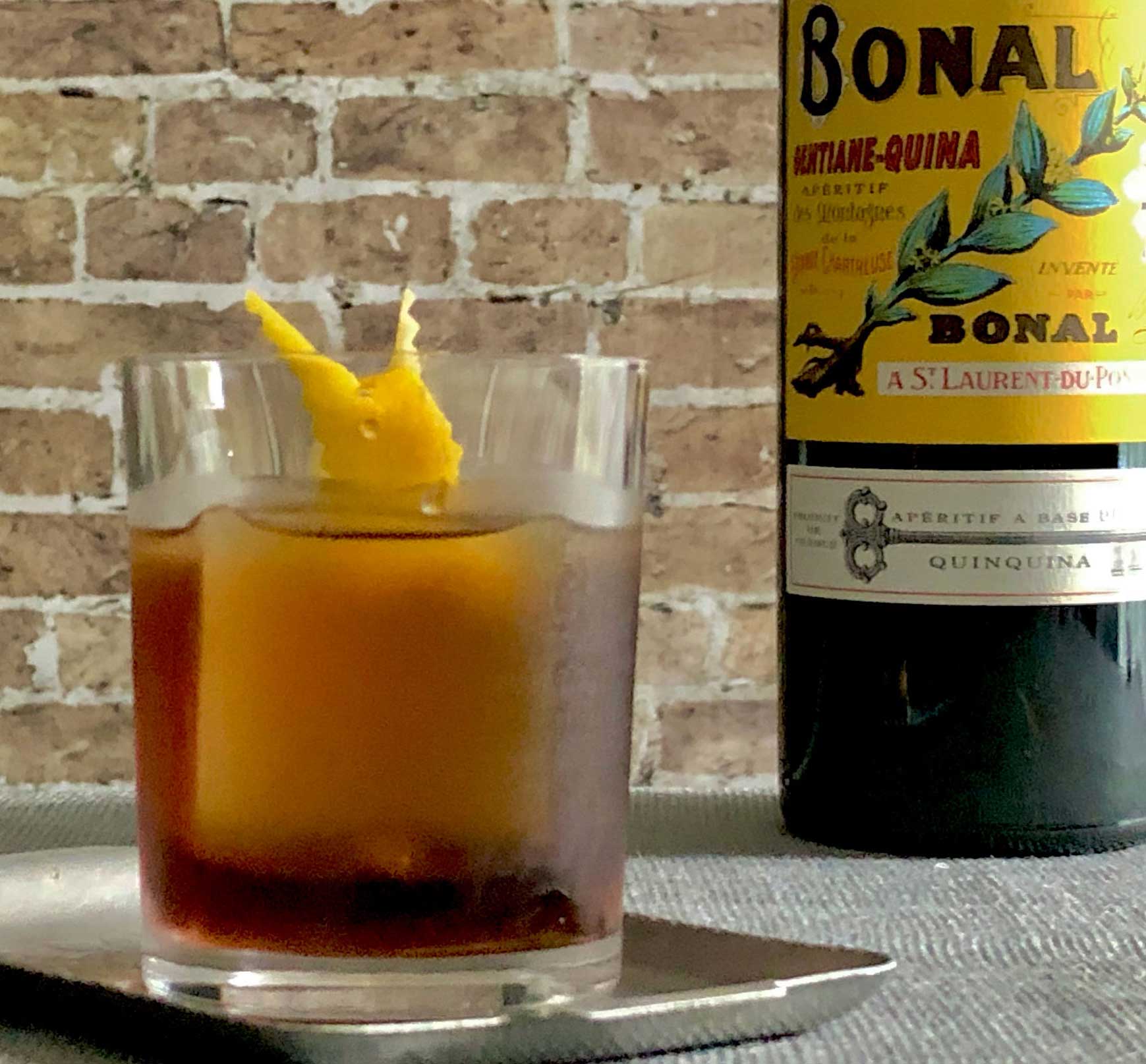 An example of the Tif & Tivo, the mixed drink (cocktail), by Rhiannon Enlil, New Orleans, featuring Bonal Gentiane-Quina, and Cocchi Americano Bianco; photo by Lee Edwards