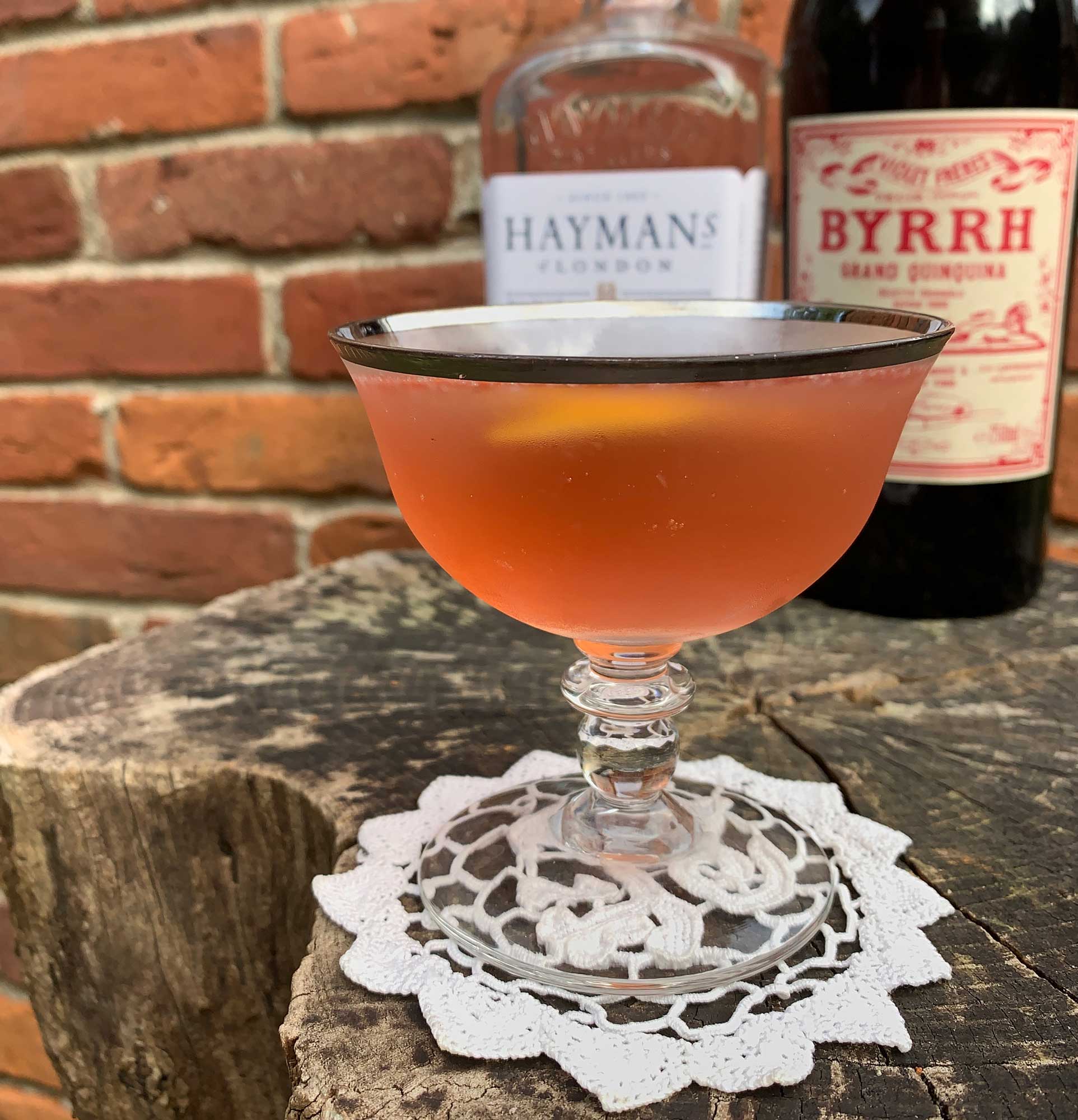 An example of the Byrrh Special, the mixed drink (cocktail) featuring Hayman’s Royal Dock Navy Strength Gin, Byrrh Grand Quinquina, and lemon juice