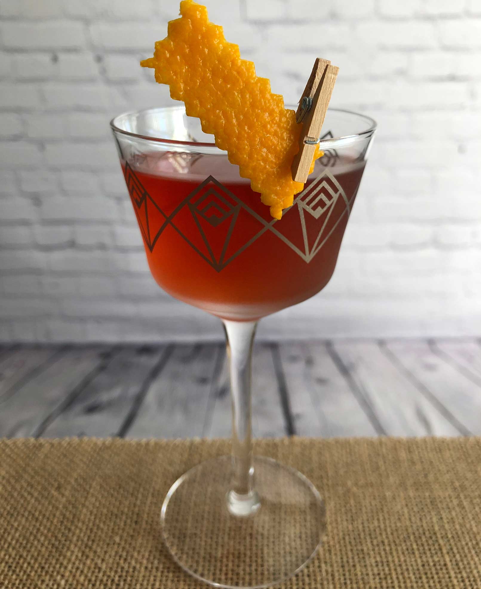 An example of the Byrrh Martinez, the mixed drink (cocktail) featuring Hayman’s Old Tom Gin, Byrrh Grand Quinquina, and maraschino liqueur; photo by Lee Edwards