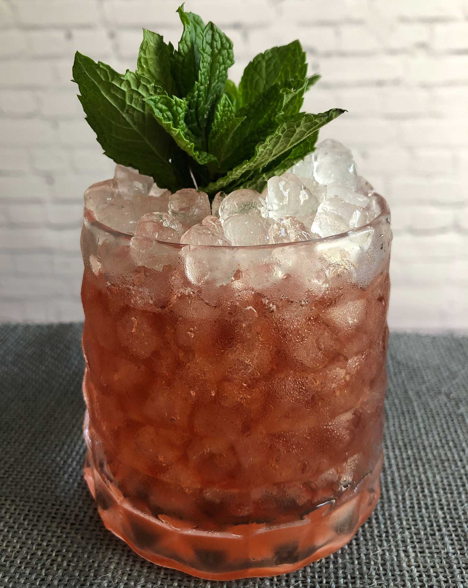 An example of the Berbyrrh, the mixed drink (cocktail) featuring Byrrh Grand Quinquina, and verbena tisane; photo by Lee Edwards