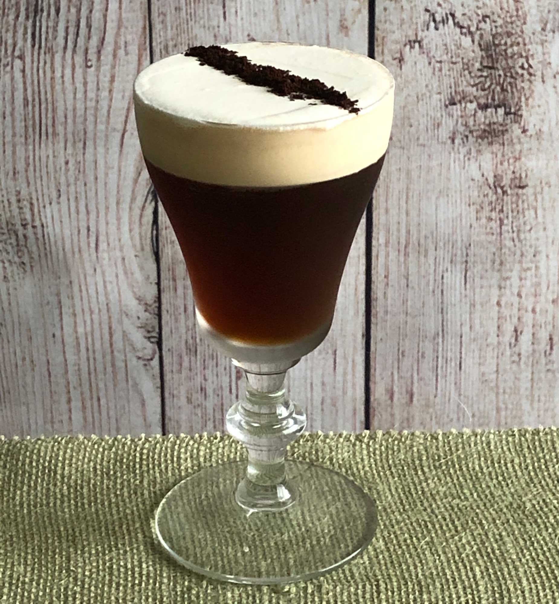 An example of the Freddo Corretto, the mixed drink (cocktail), by Salt Air, Venice, CA, featuring Cardamaro Vino Amaro, cold brew coffee, raw sugar syrup, and Angostura bitters; photo by Lee Edwards