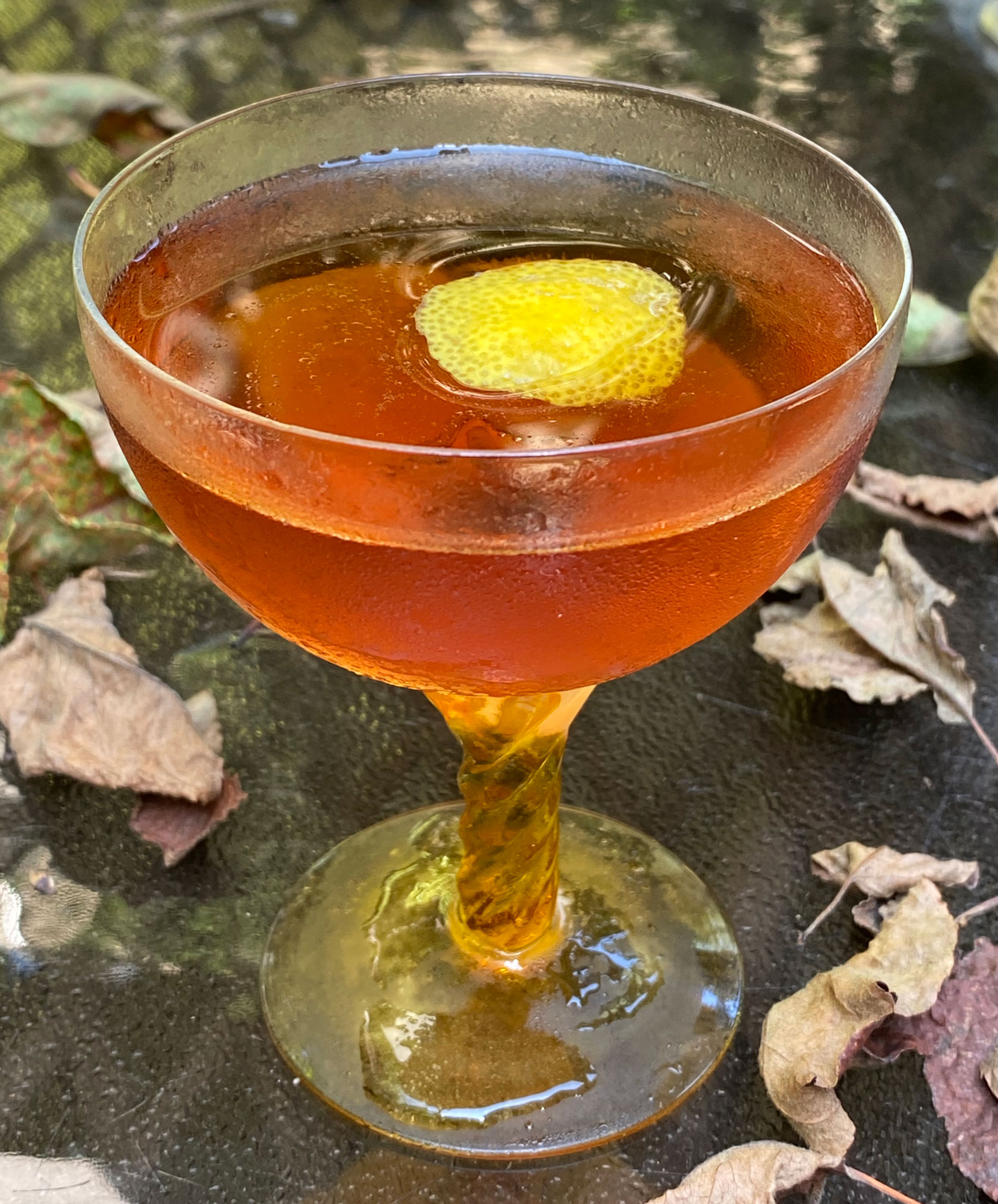 An example of the Harvest Cocktail, the mixed drink (cocktail) featuring apple brandy, Cardamaro Vino Amaro, and Angostura bitters; photo by Martin Doudoroff