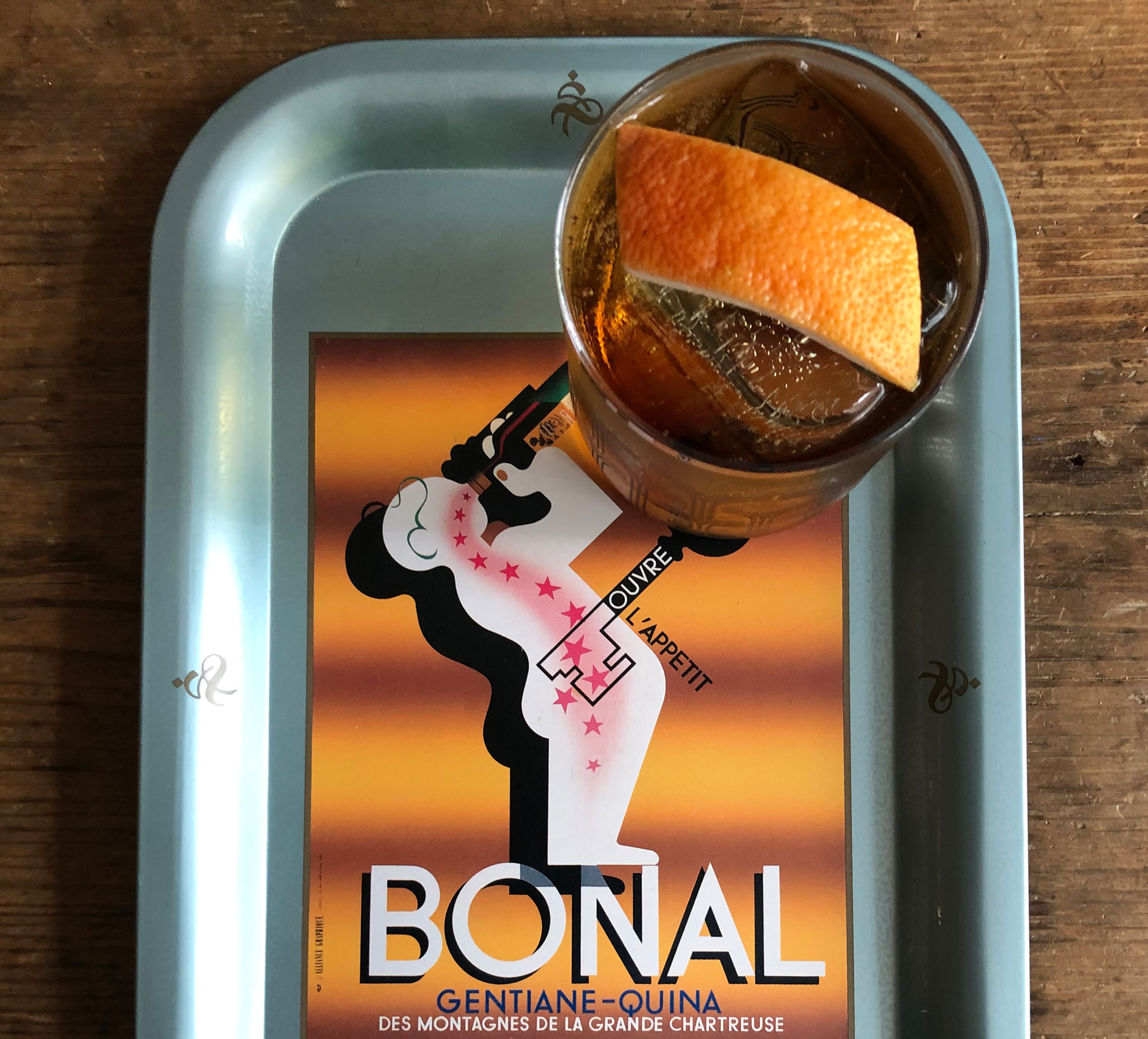 An example of the Chambéry Tonic, the mixed drink (cocktail), by Bouligny Tavern, New Orleans, LA, featuring tonic water, Dolin Blanc Vermouth de Chambéry, and Bonal Gentiane-Quina; photo by Lee Edwards