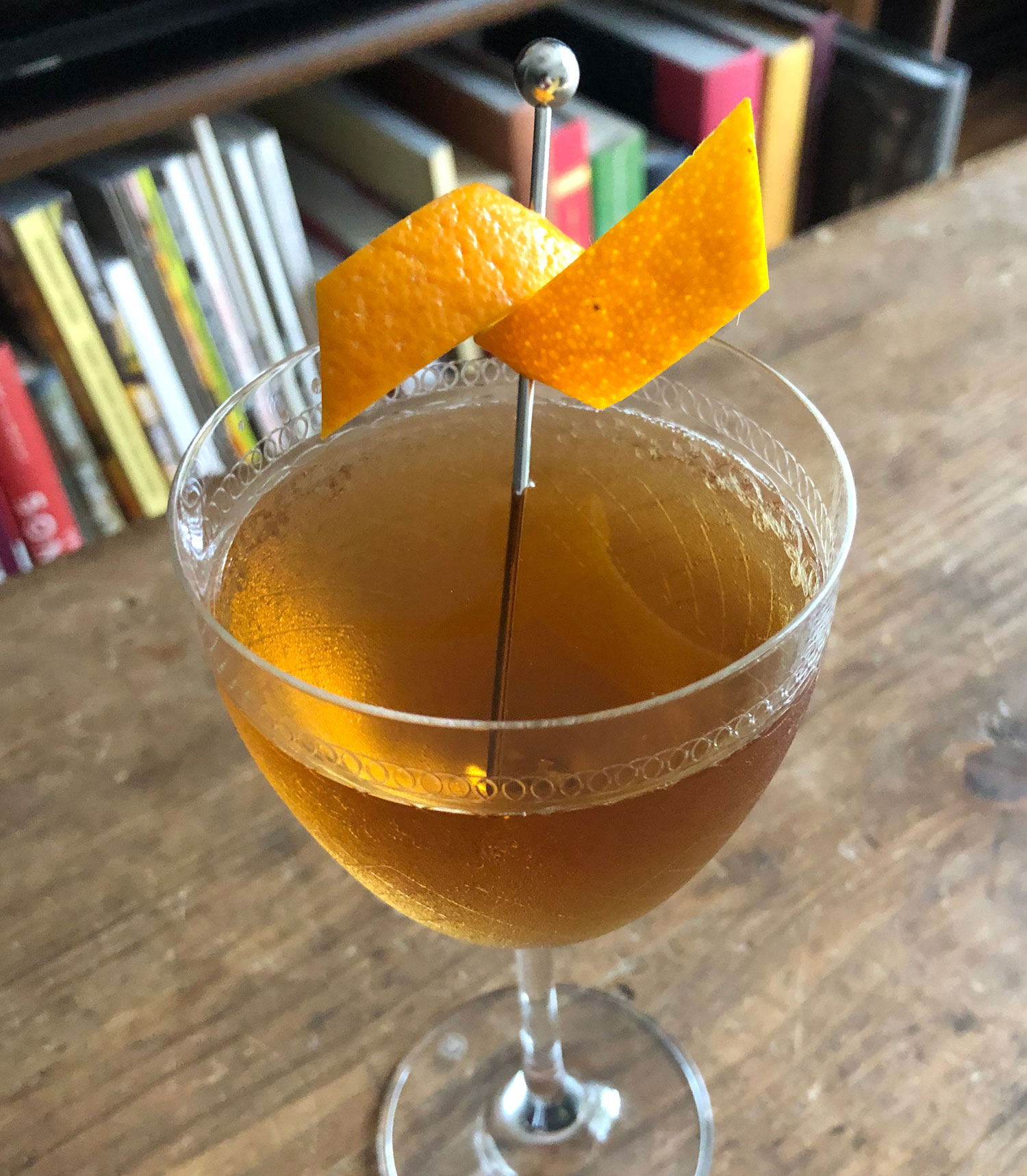 An example of the Bobby Burns, the mixed drink (cocktail) featuring scotch whisky, Dolin Rouge Vermouth de Chambéry, and Bénédictine; photo by Lee Edwards