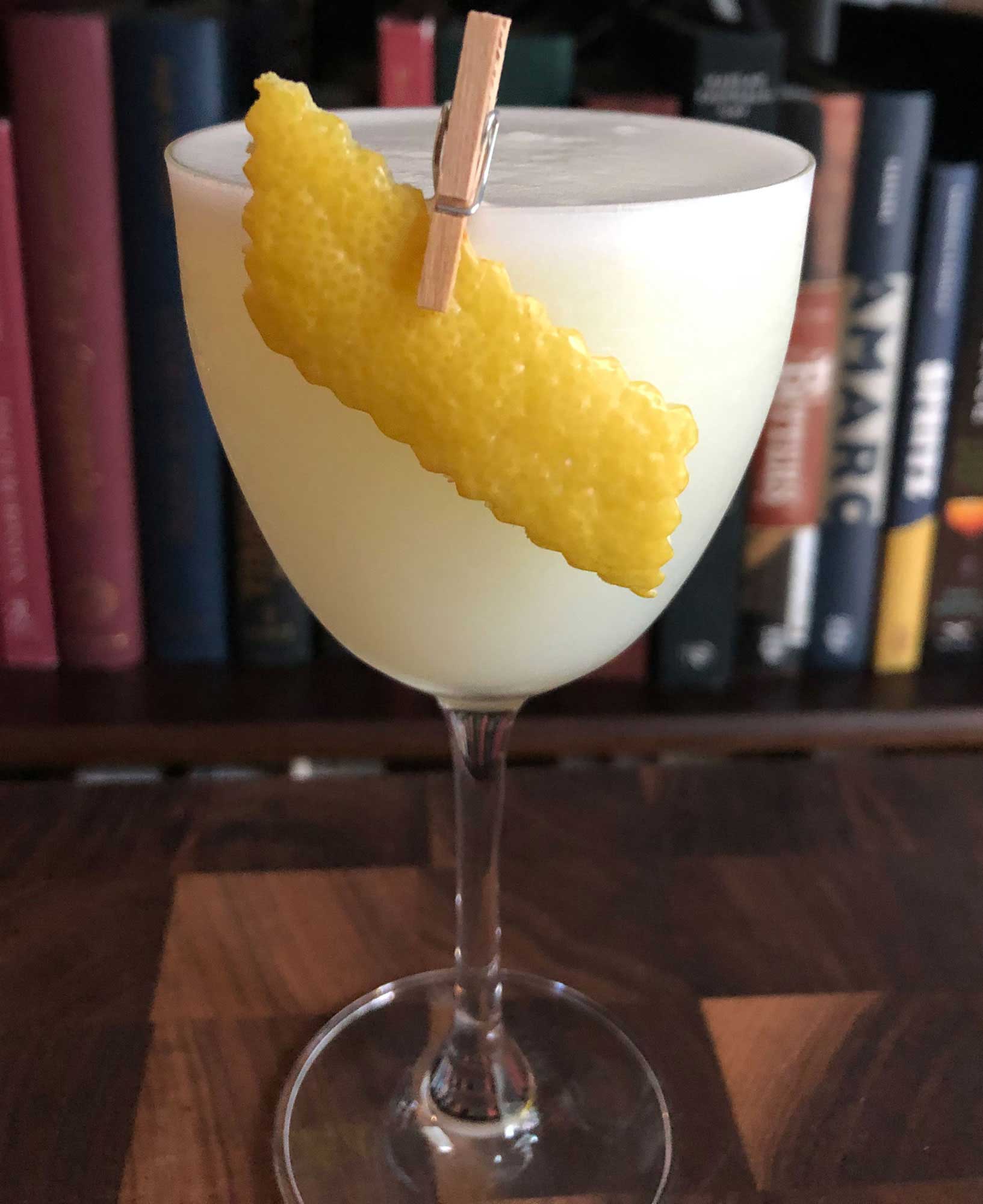 An example of the White Lady, the mixed drink (cocktail) featuring Hayman’s London Dry Gin, egg white, orange-flavored liqueur, and lemon juice; photo by Lee Edwards