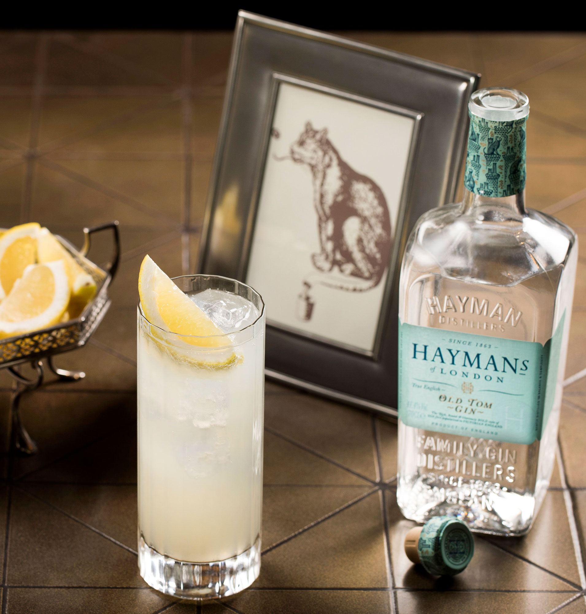An example of the Tom Collins, the mixed drink (collins) featuring soda water, Hayman’s Old Tom Gin, lemon juice, and simple syrup; photo by Hayman’s of London