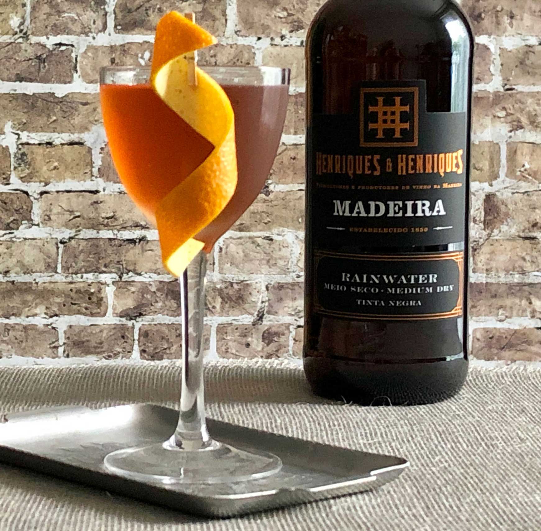 An example of the Union Cocktail, the mixed drink (cocktail), adapted from a recipe by Brother Cleve, Boston, MA, featuring irish whiskey, Henriques & Henriques Rainwater Madeira, Meletti, orange bitters, and Angostura bitters; photo by Lee Edwards
