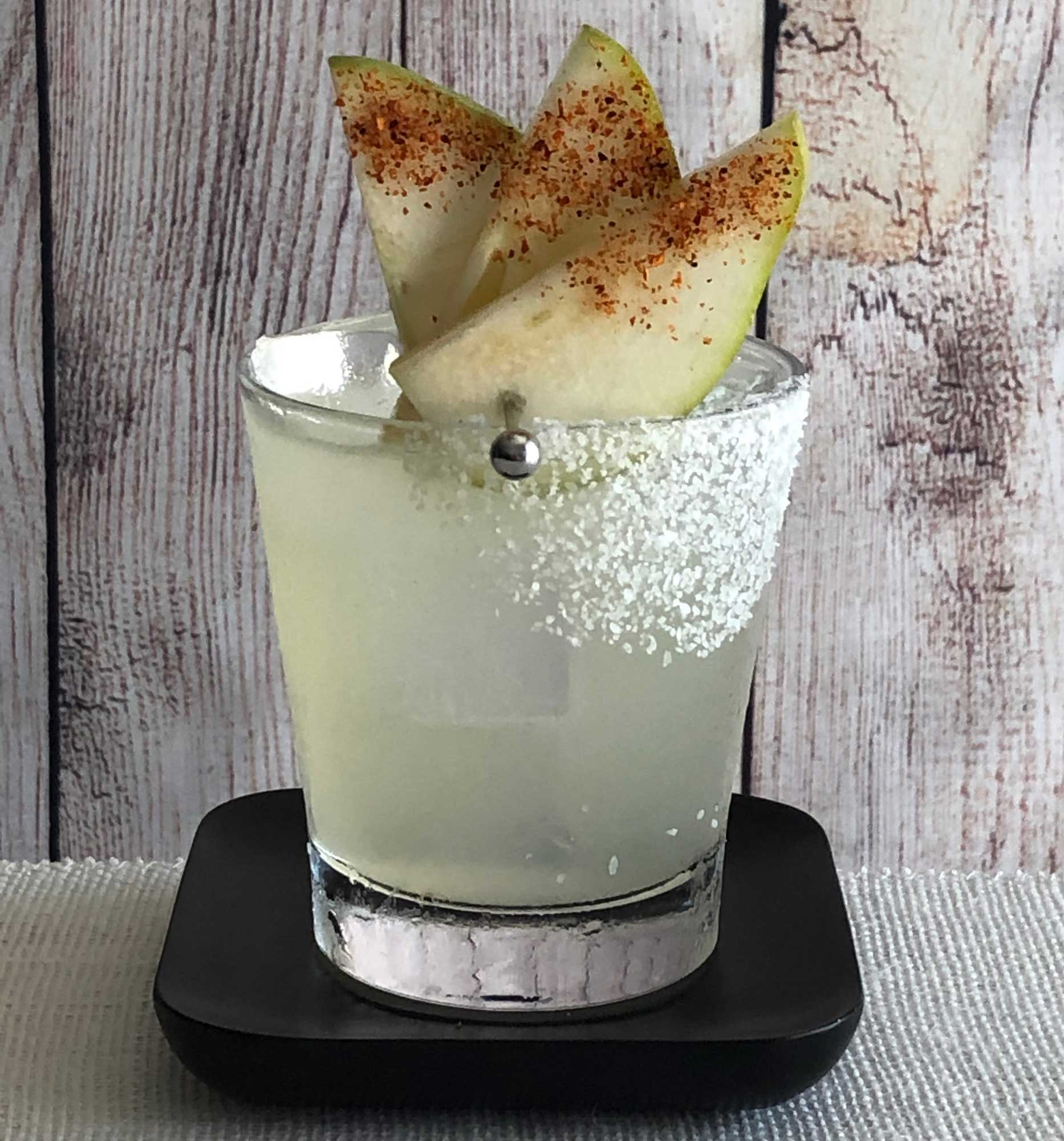 An example of the Ultimate Pear Margarita, the mixed drink (cocktail) featuring blanco tequila, Rothman & Winter Orchard Pear Liqueur, and lime juice; photo by Lee Edwards
