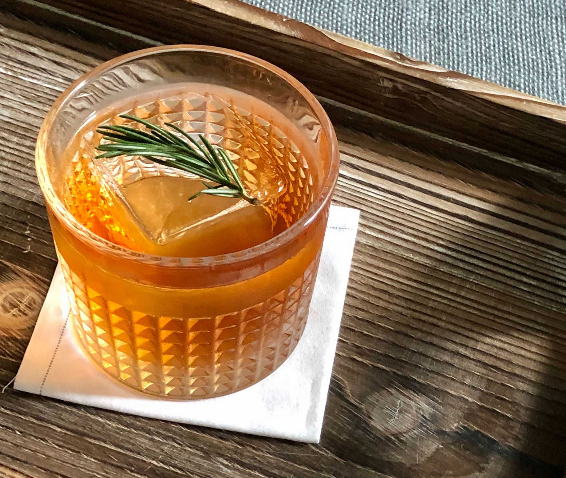 An example of the Schleswig Limbo, the mixed drink (cocktail), adapted from a drink by Luiggi Uzcategui, Big Orange, Little Rock, Arkansas, featuring Purkhart Pear Williams Eau-de-Vie, The Scarlet Ibis Trinidad Rum, Rothman & Winter Orchard Cherry Liqueur, and Aperitivo Cappelletti; photo by Lee Edwards