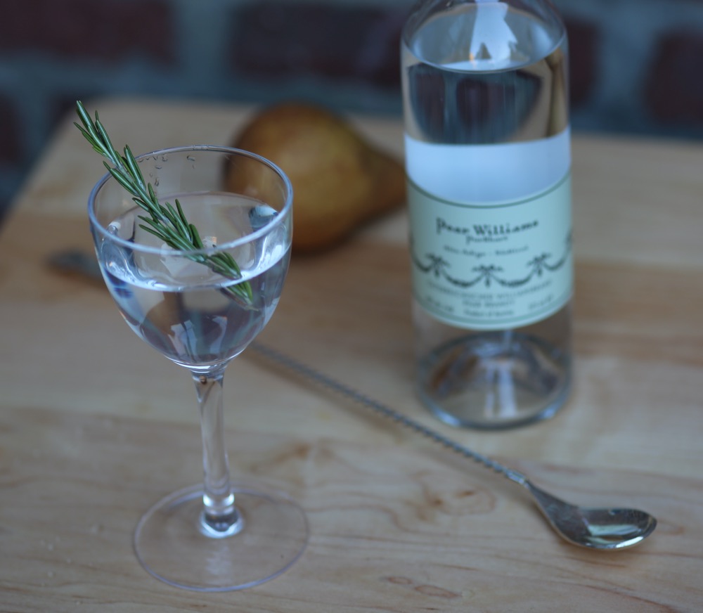 An example of the Bartlett Pear Martini, the mixed drink (cocktail) featuring Purkhart Pear Williams Eau-de-Vie, Dolin Blanc Vermouth de Chambéry or Dolin Dry Vermouth de Chambéry, and orange bitters; photo by Lauren Clark