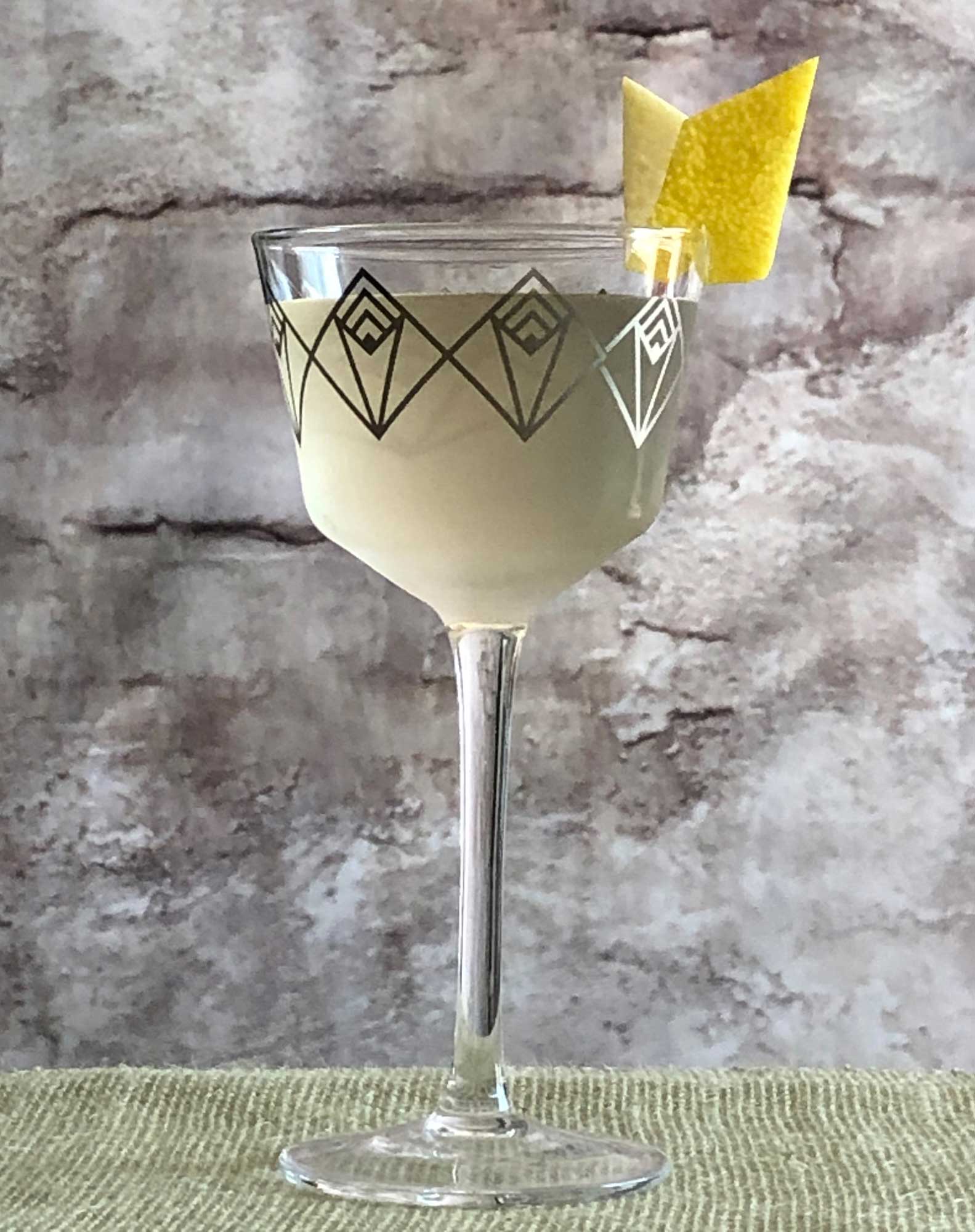 An example of the Flowering Pear, the mixed drink (cocktail) featuring Dolin Dry Vermouth de Chambéry, Rothman & Winter Orchard Pear Liqueur, and absinthe; photo by Lee Edwards