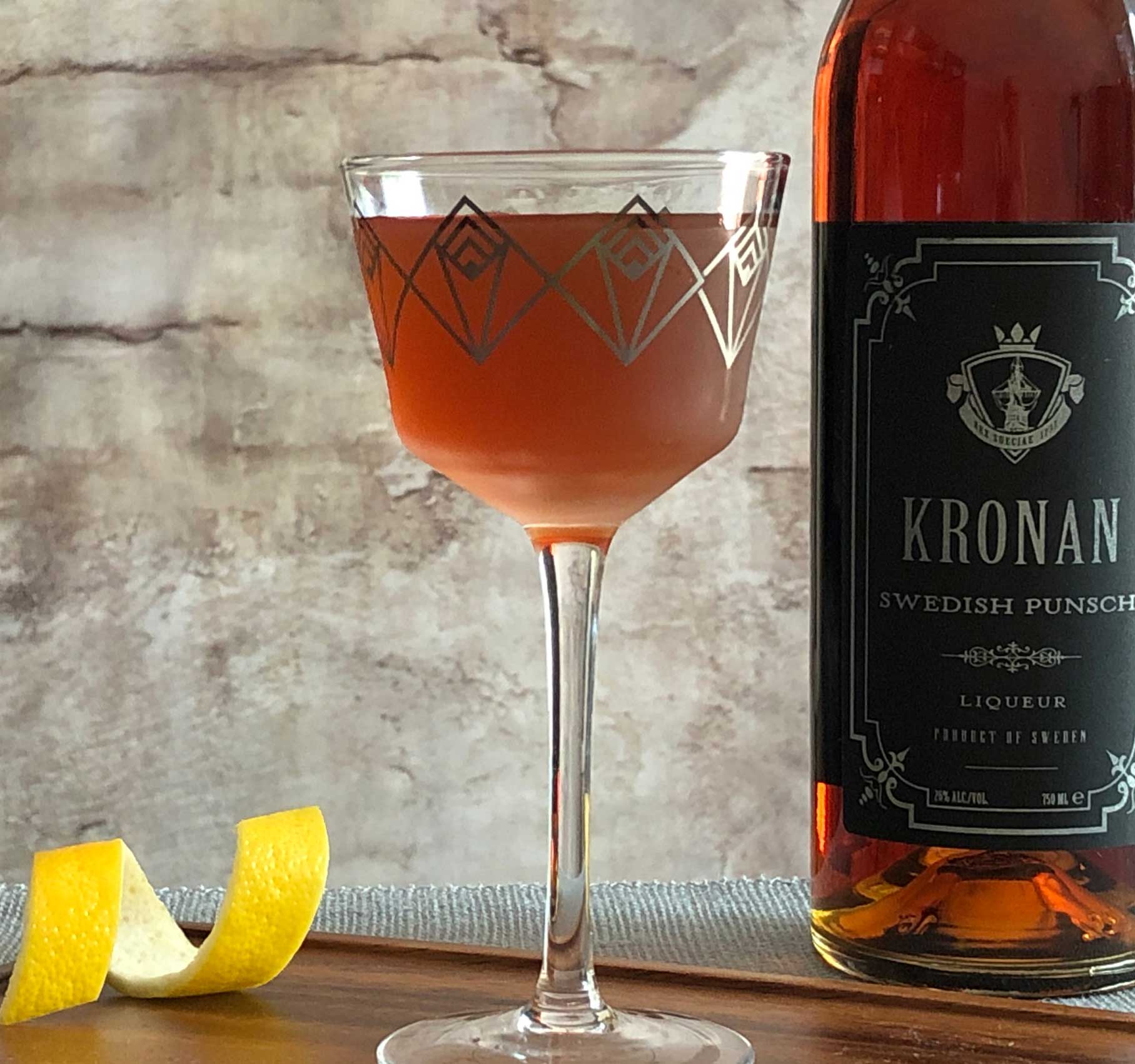 An example of the Hi-Falutin’, the mixed drink (cocktail), by Del Pedro, Tooker Alley, Brooklyn, featuring bourbon whiskey, KRONAN Swedish Punsch, and Byrrh Grand Quinquina; photo by Lee Edwards