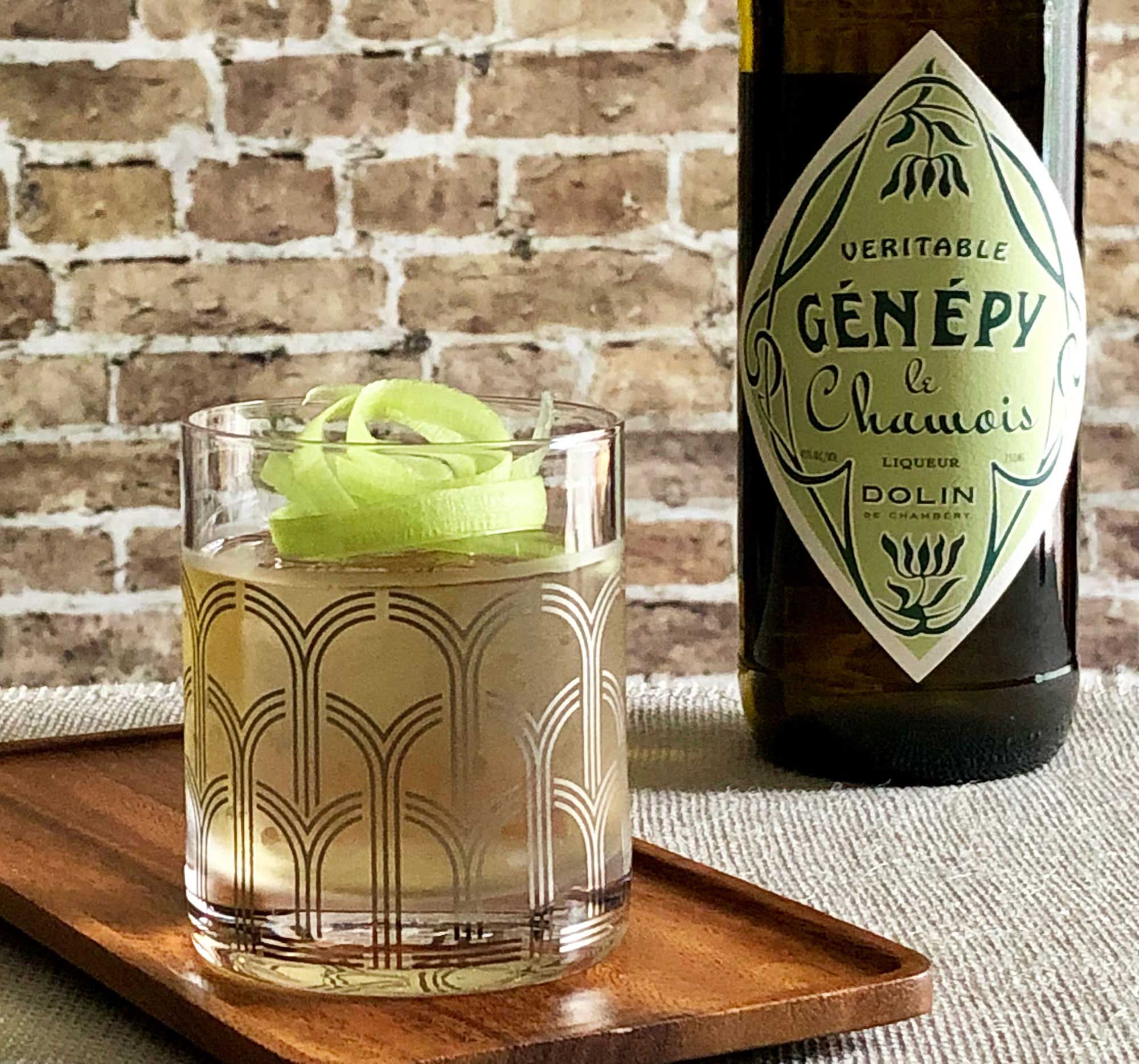 An example of the Gaelic Gardener, the mixed drink (cocktail), by Alex Gregg, Moving Sidewalk, Houston, featuring irish whiskey, Dolin Blanc Vermouth de Chambéry, Dolin Génépy le Chamois Liqueur, and celery bitters; photo by Lee Edwards