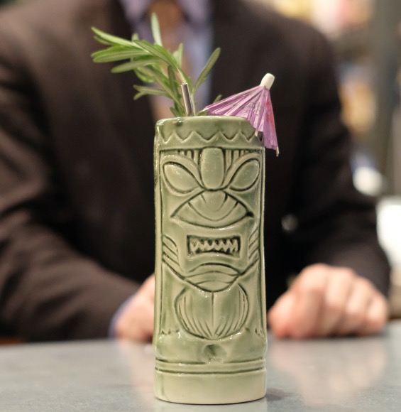 An example of the Passion & Pine, the mixed drink (cocktail), by Josh MacGregor, db Bistro Moderne, NYC, featuring bourbon whiskey, Zirbenz Stone Pine Liqueur of the Alps, lemon juice, passion fruit liqueur, and simple syrup; photo by Josh MacGregor