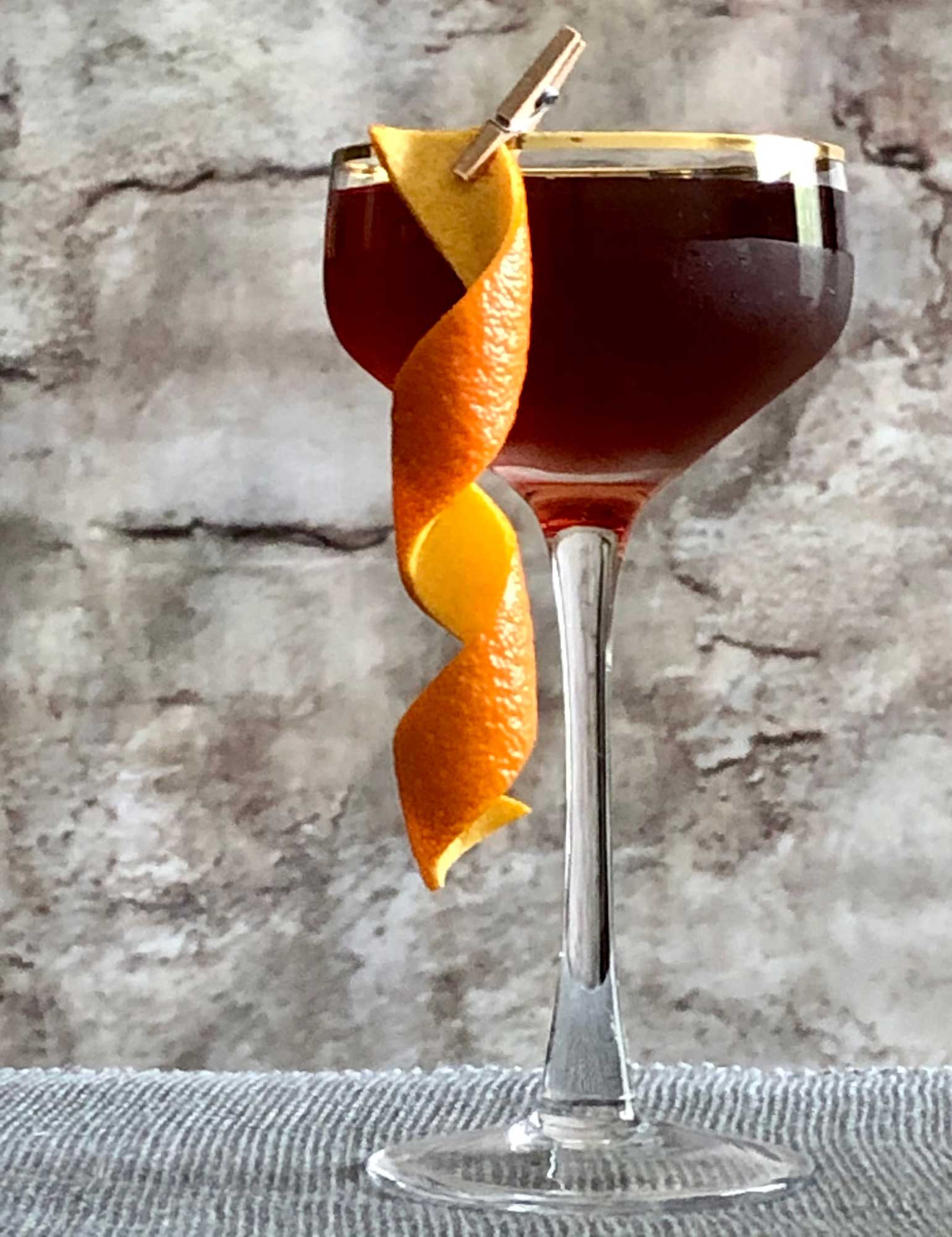 An example of the The Charleston, the mixed drink (cocktail) featuring bourbon whiskey, Henriques & Henriques Rainwater Madeira, Henriques & Henriques Generoso Doce 5 Year Old Madeira, and Angostura bitters; photo by Lee Edwards