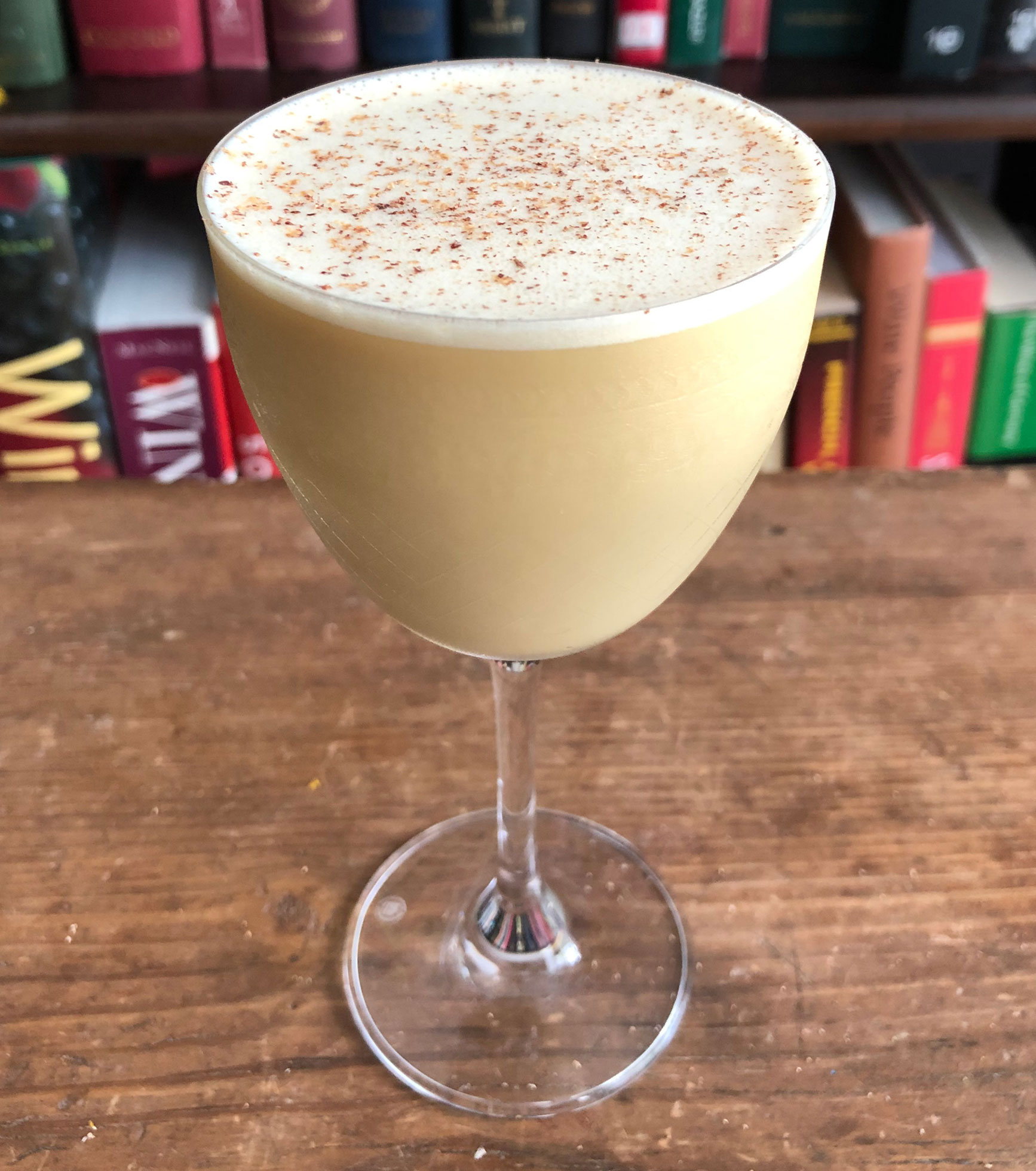 An example of the Flip It and Reverse It, the mixed drink (flip) featuring Saveiro ‘Vento do Oeste’ Madeira, raw egg, half & half, and maple syrup; photo by Lee Edwards