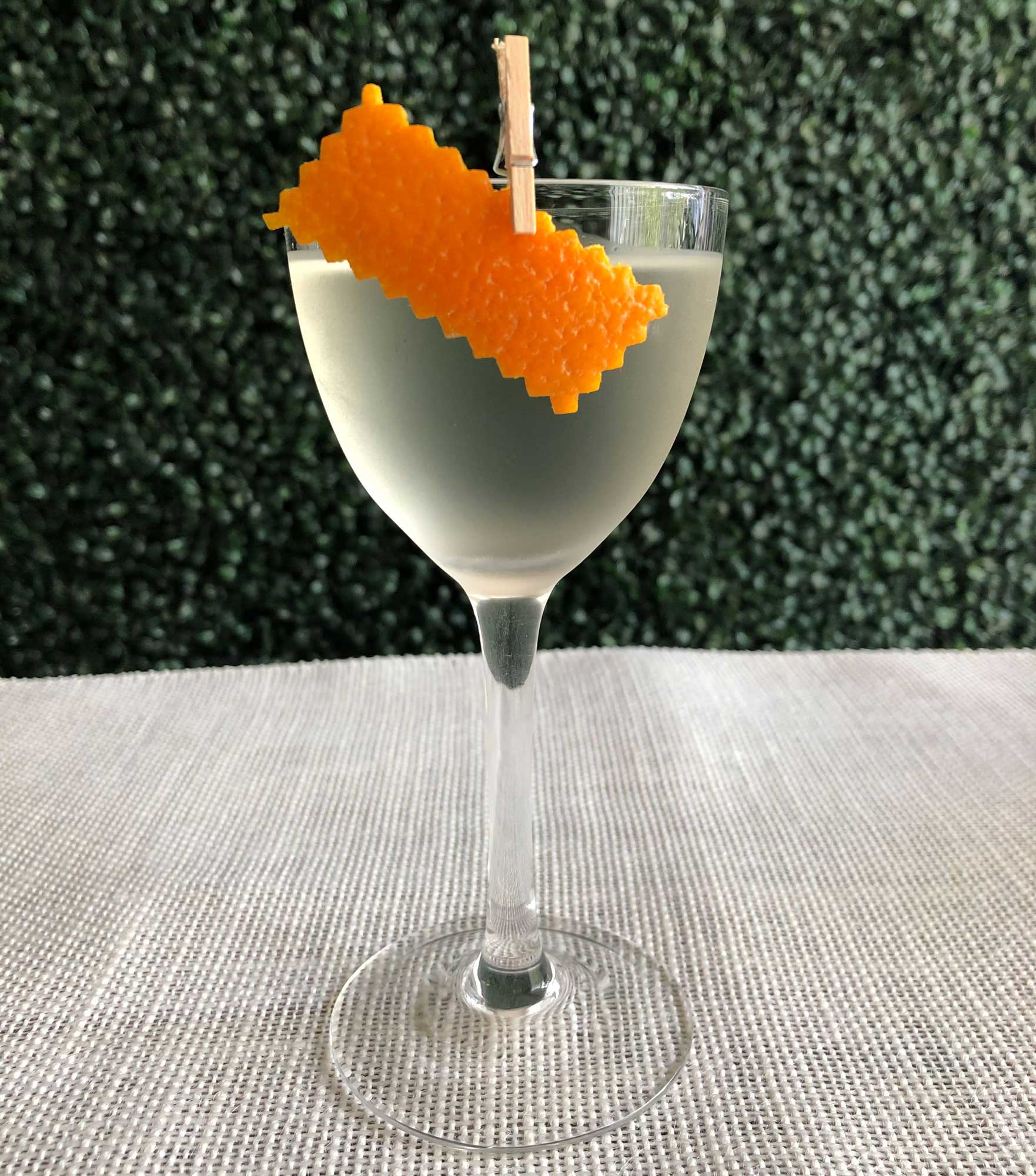 An example of the La Contadi, the mixed drink (cocktail), by Tyler Jay Wang, Kirkland Tap and Trotter, Boston, featuring Hayman’s London Dry Gin, kirsch, and Comoz Vermouth Blanc; photo by Lee Edwards