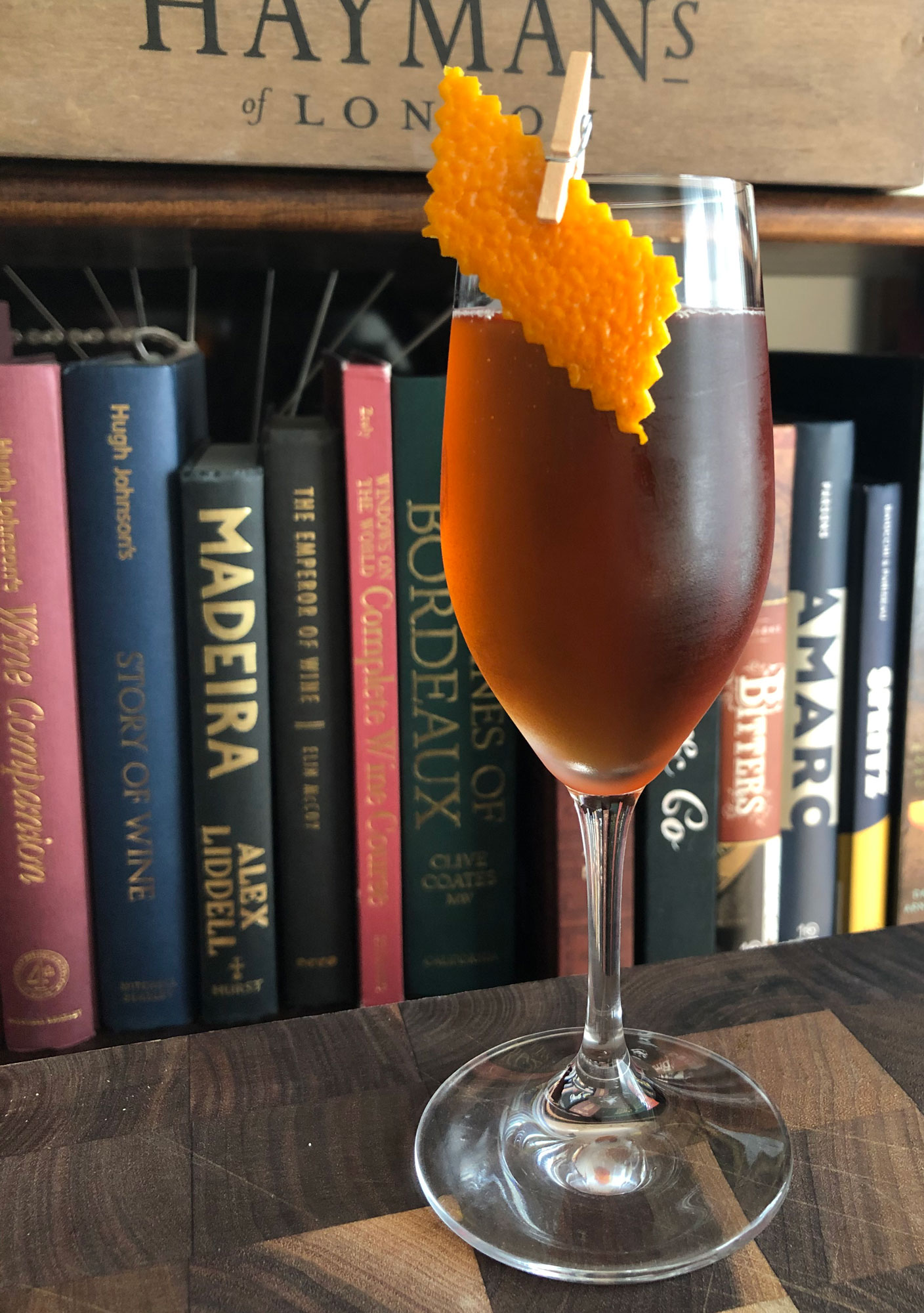An example of the Vintner’s Whimsy, the mixed drink (cocktail) featuring Mattei Cap Corse Rouge Quinquina, Cocchi Vermouth di Torino ‘Storico’, and sparkling wine; photo by Lee Edwards