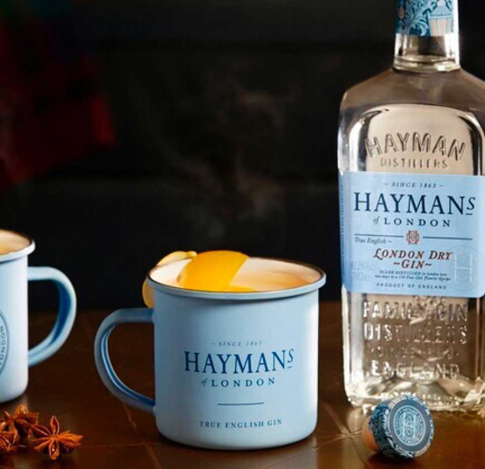An example of the Hayman’s Hot G&T, the mixed drink (cocktail) featuring hot water, Hayman’s London Dry Gin, and tonic or syrup; photo by Hayman’s of London