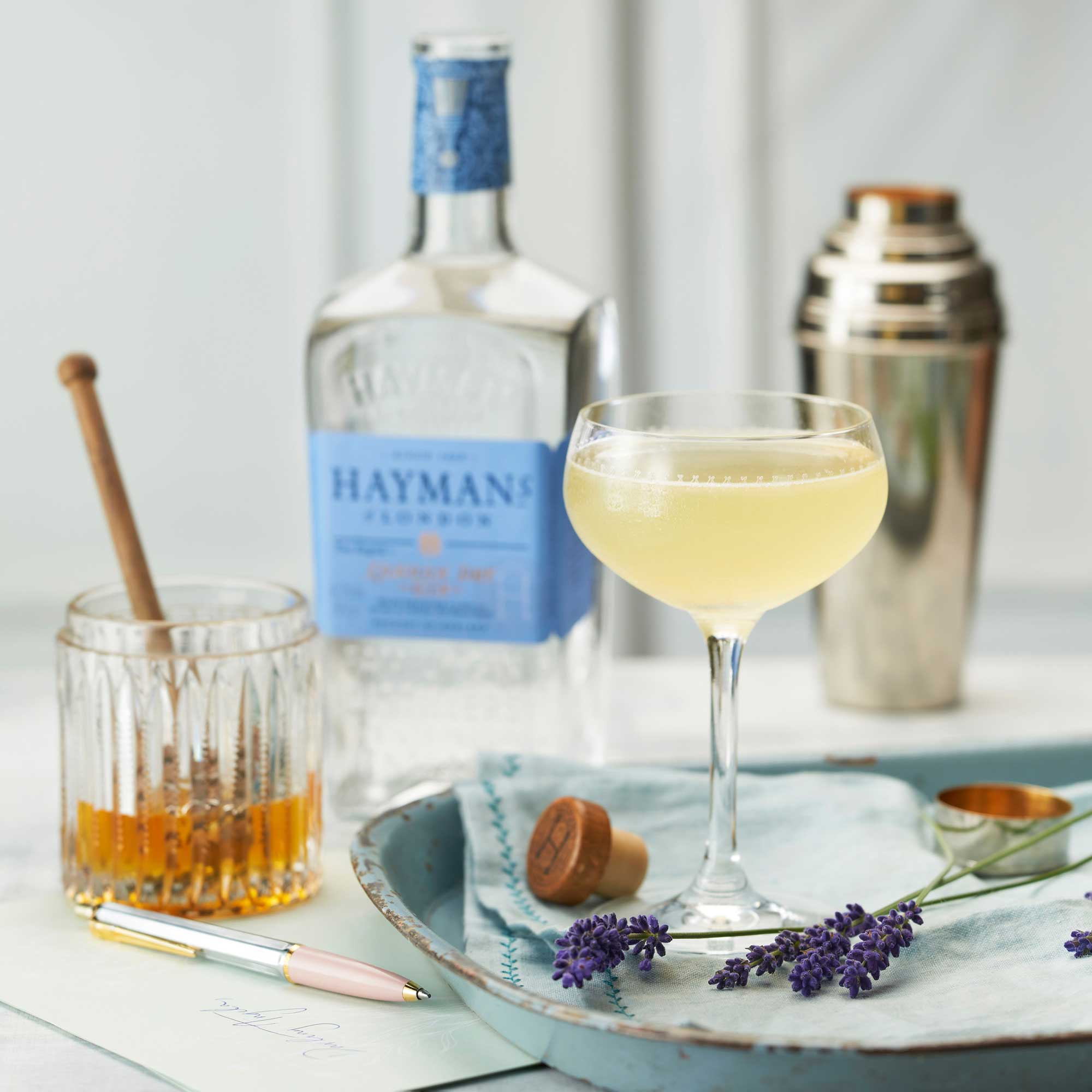 An example of the Bee’s Knees, the mixed drink (cocktail), by Frank Meier, Ritz Carlton, Paris, featuring Hayman’s London Dry Gin, honey syrup, and lemon juice; photo by Hayman’s of London