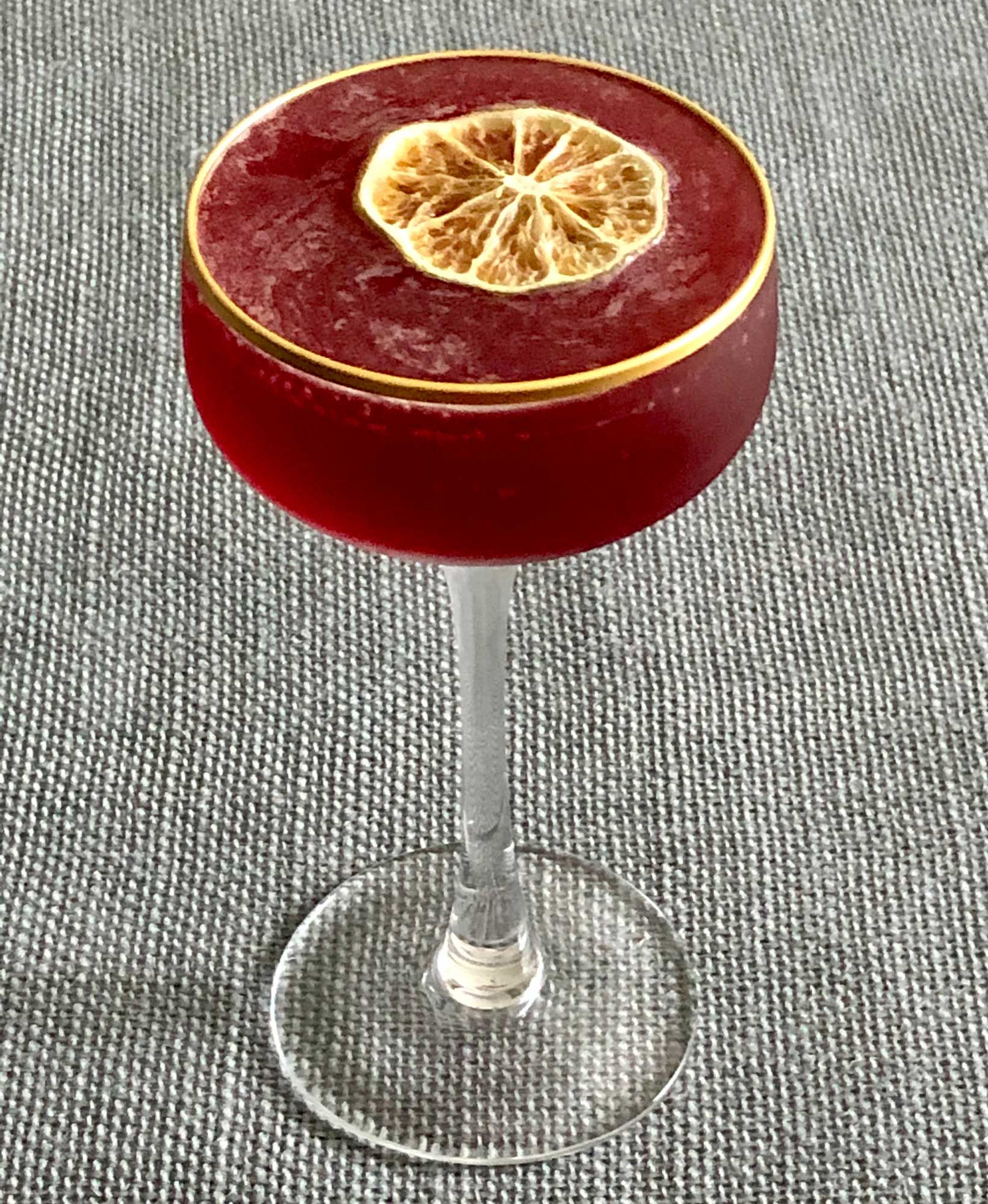 An example of the Continental Daiquiri, the mixed drink (cocktail) featuring white rum, Rothman & Winter Orchard Elderberry Liqueur, lemon juice, lime juice, and rich simple syrup; photo by Lee Edwards